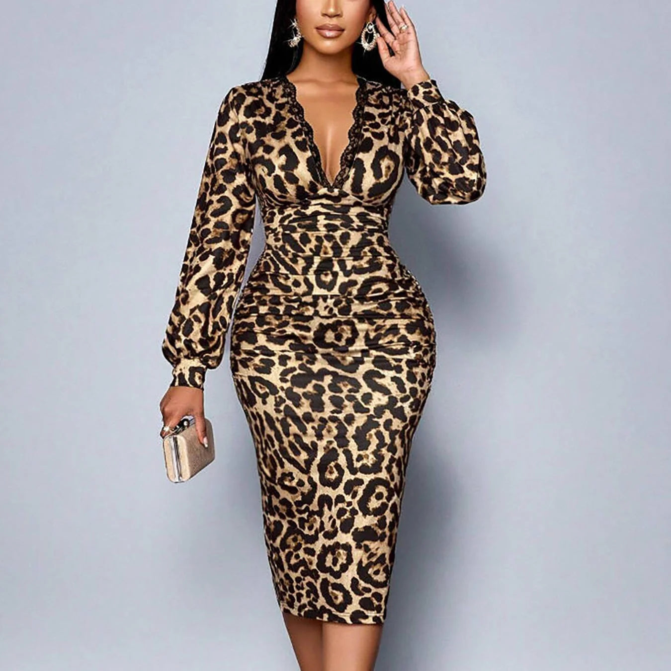 Leopard Slit Maxi Dress – Deep V-Neck Statement Silhouette